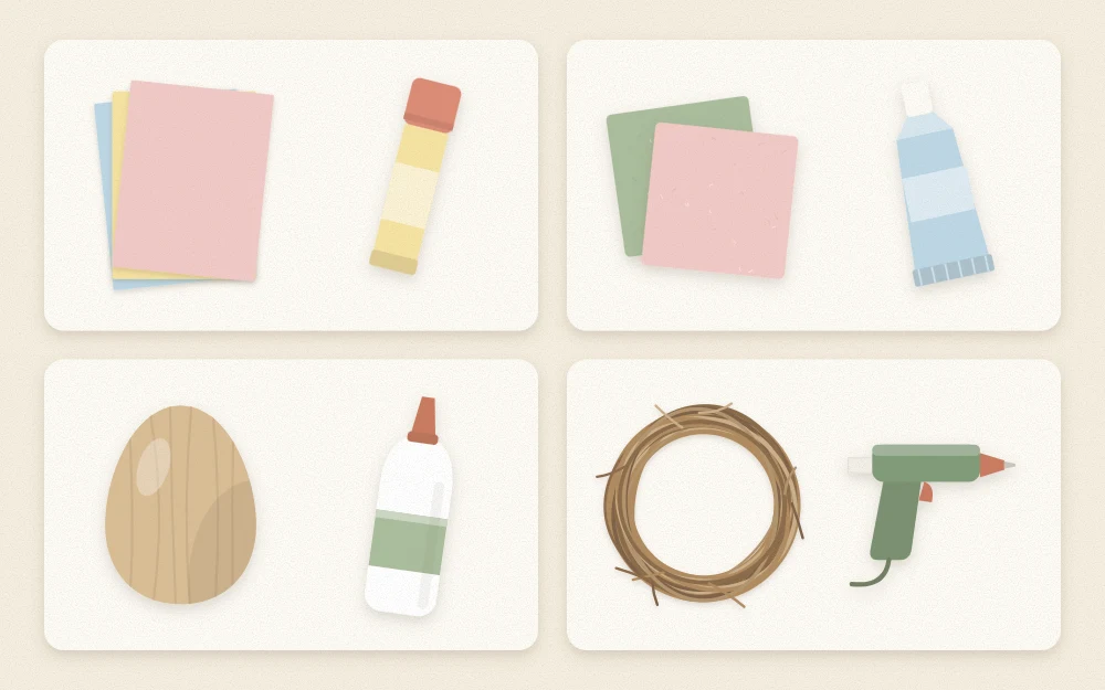 Four material pairs: paper with glue stick, felt with tube, wooden egg with bottle, wreath with glue gun