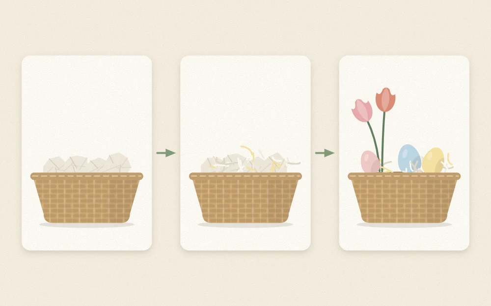 Basket shown in three stages: crumpled paper base, layer of paper shred and finished arrangement