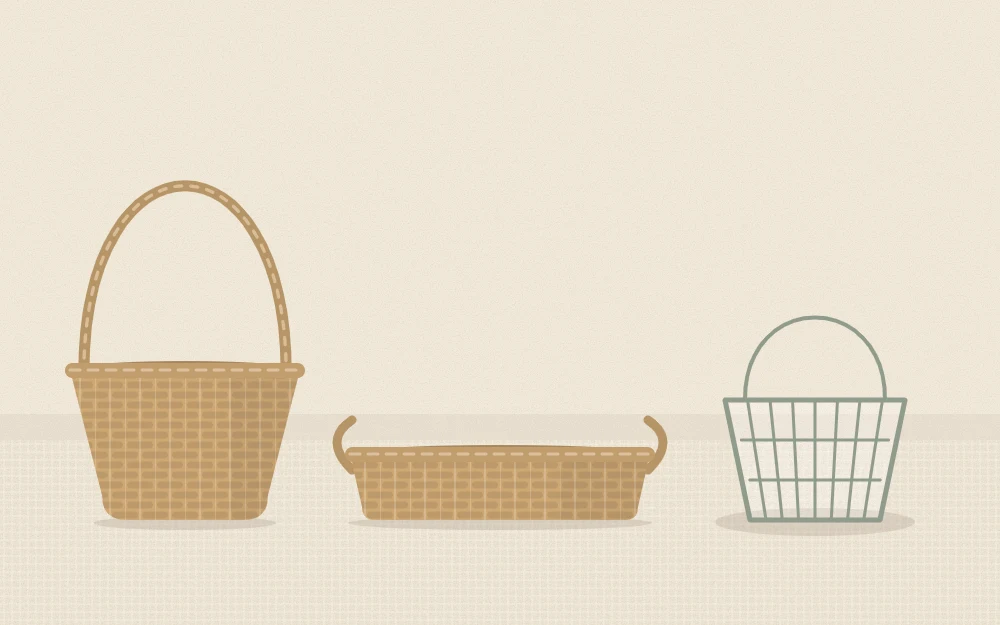 Three basket shapes in a row: round with a tall handle, low oval tray and small wire basket