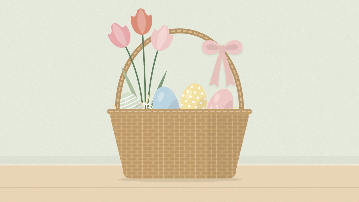 Woven basket with a handle filled with paper shred, pastel eggs, a small bunch of tulips and a ribbon bow