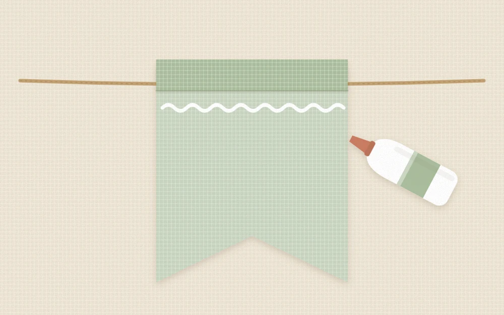 Back of a pennant with its top edge folded over twine and glue along the fold