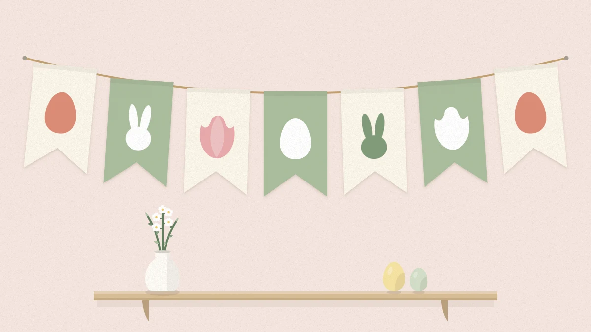 A banner of seven cream and sage fabric swallowtail pennants on twine with egg, bunny head and tulip shapes