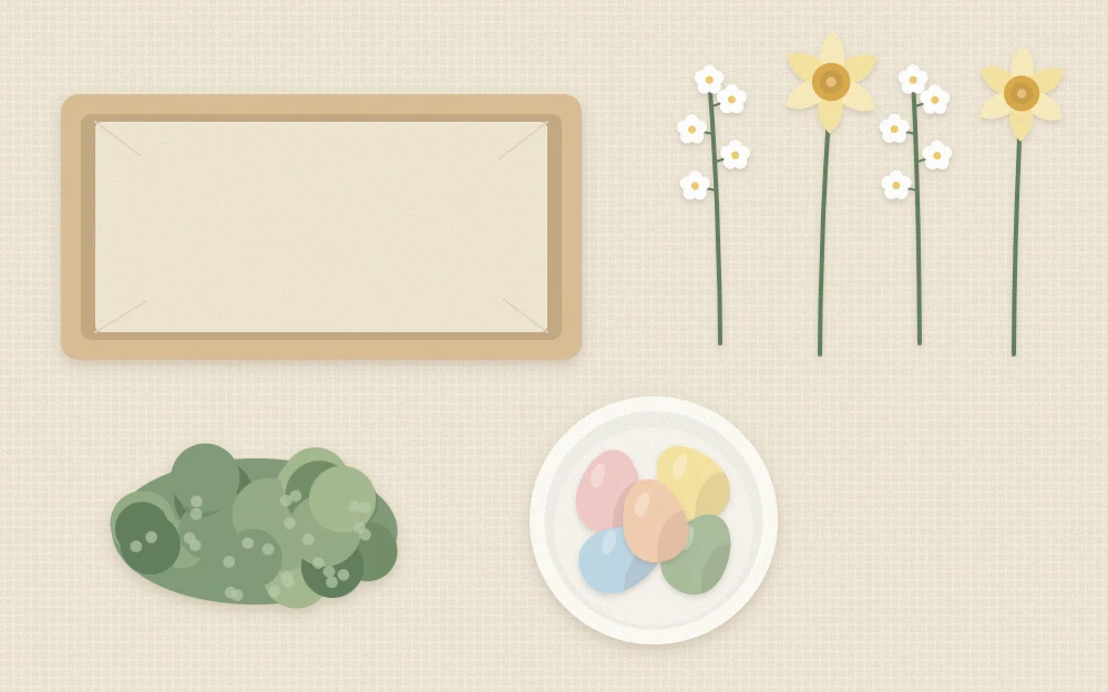 Empty lined wooden tray with a pile of moss, a bowl of eggs and flower stems beside it