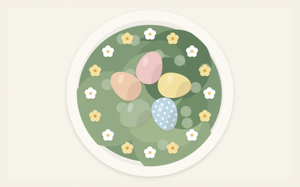 Round shallow bowl of moss with five eggs and a ring of small flowers, seen from above