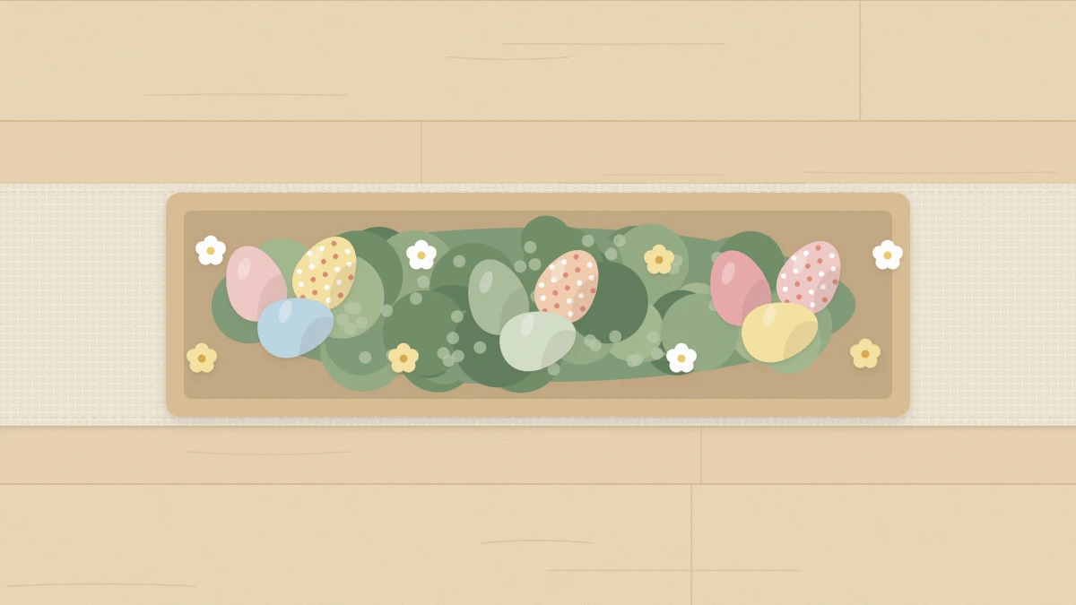 Long shallow wooden tray of green moss with clusters of pastel eggs and small white and yellow flowers on a table runner