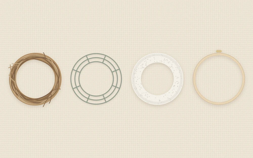 Four wreath bases side by side: grapevine ring, wire frame, foam ring and wooden hoop