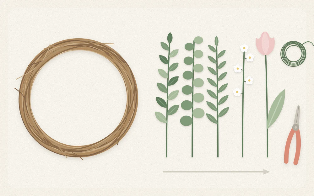 A plain grapevine wreath on a table with stems, floral wire and cutters laid out beside it
