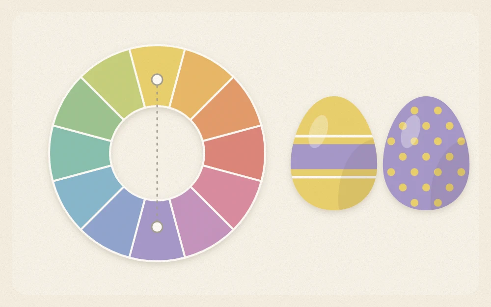 Simple twelve-segment color wheel with two eggs painted in a pair of opposite colors
