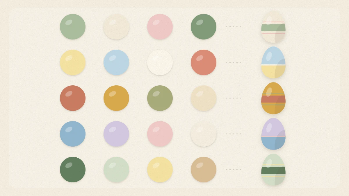 Five rows of round paint swatches in different spring palettes, each ending with a painted egg