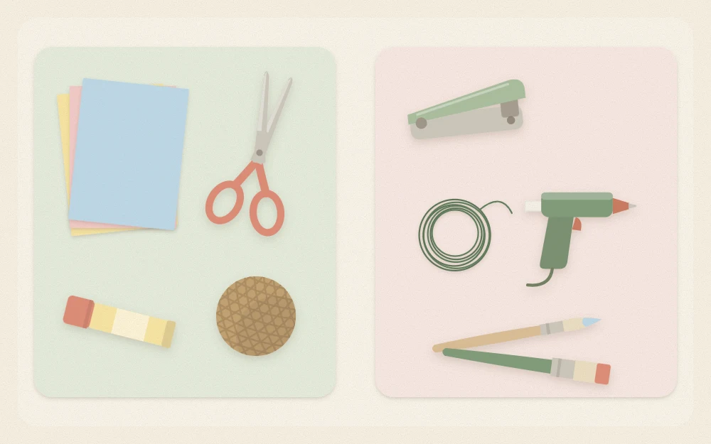Starter kit of scissors, glue stick, cardstock and twine beside extras including a hole punch and glue gun