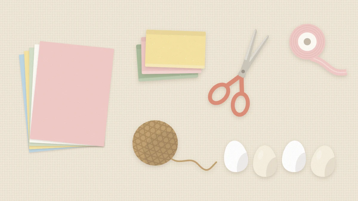 Flat lay of pastel cardstock, folded felt squares, twine, scissors, a ribbon spool and four plain craft eggs