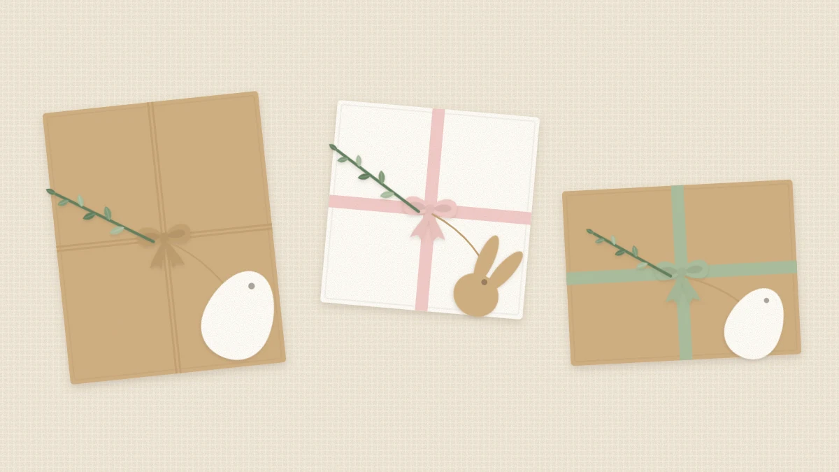 Three gifts wrapped in kraft and white paper with twine, pastel ribbon, shaped tags and small sprigs