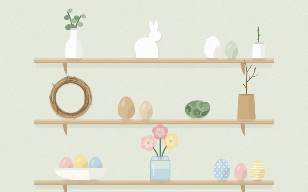 Three shelf arrangements in rows: minimal white and green, natural wood and moss, pastel eggs and paper flowers