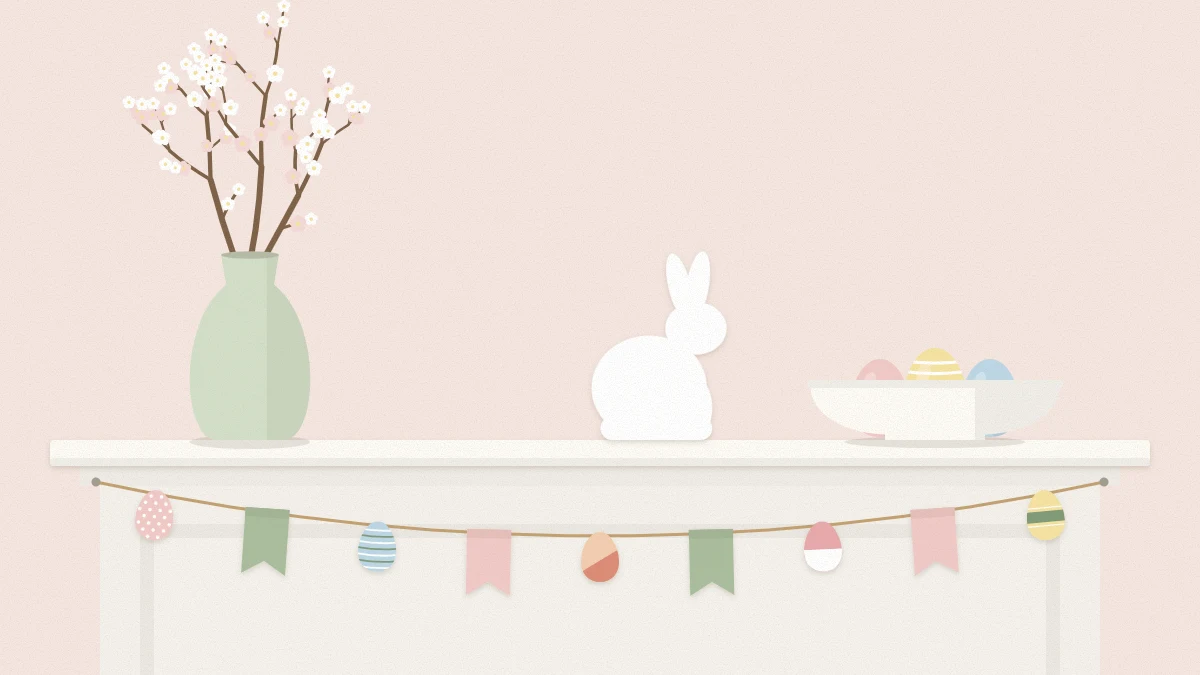 A mantel with a tall vase of flowering branches, a garland swag, a bunny silhouette and a low bowl of eggs