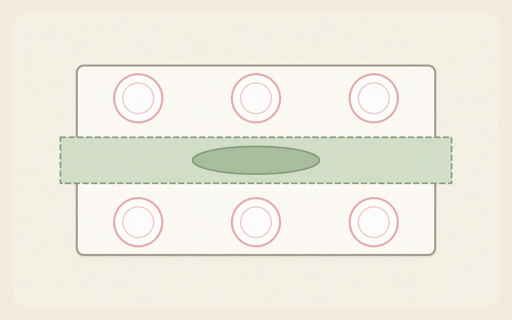 A table plan drawn as a rectangle with a runner strip, a centerpiece oval and six plate circles