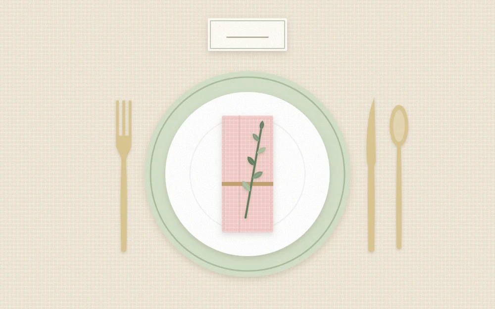 A layered place setting with charger, plate, folded napkin with a sprig, cutlery and a blank name card
