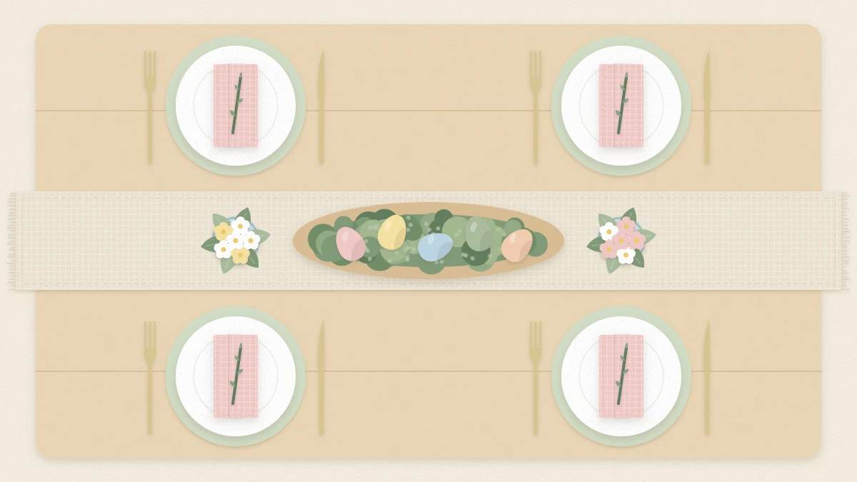 A spring table from above with a linen runner, a low moss and egg centerpiece and four place settings