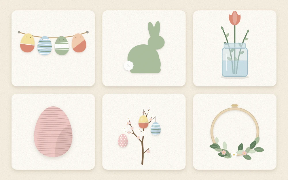 Grid of six small projects: egg garland, bunny silhouette, jar with stems, wrapped egg, branch, hoop wreath