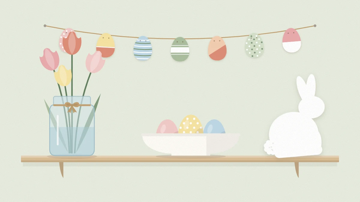 Styled shelf with a paper egg garland, a jar of tulips, three pastel eggs in a bowl and a paper bunny silhouette