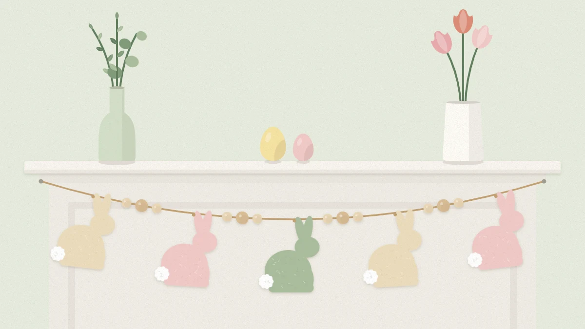 Garland of five felt bunny silhouettes in cream, blush and sage with white pompom tails and wooden beads across a mantel
