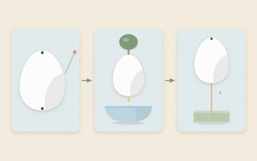 Three steps: egg pierced at each end, egg with hand pump over bowl, shell drying on skewer
