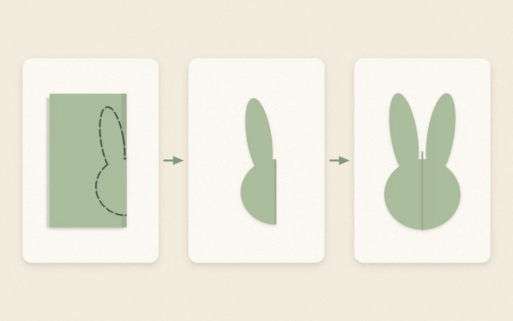 Three steps: folded paper with a half-bunny outline, the cut folded shape, and the unfolded bunny head