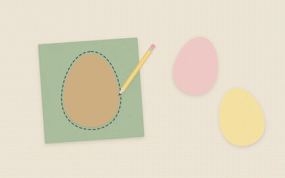 Cardstock egg template being traced onto a felt square with a marking pencil beside two cut felt eggs
