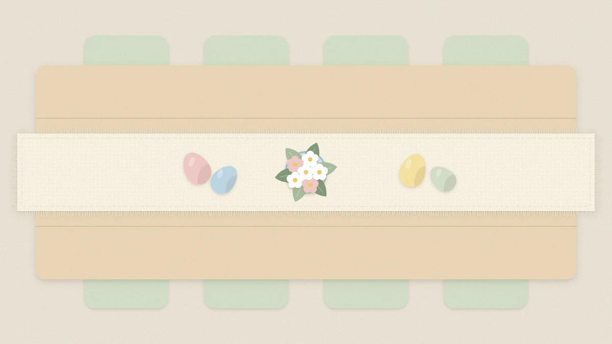 Long table with a cream frayed-edge fabric runner down the center, a few eggs and a small jar of flowers