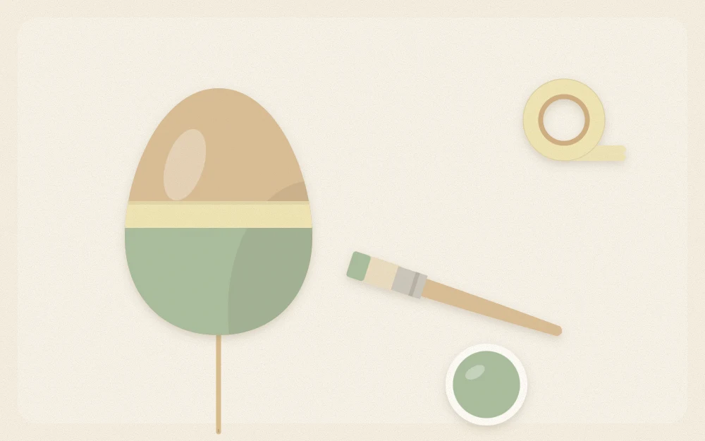 A wooden egg on a skewer with a tape band around the middle and the lower half painted