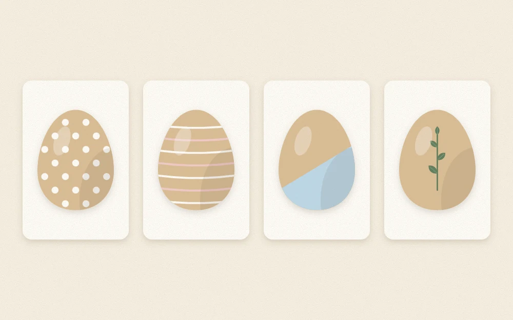 Four painted eggs in a row: evenly spaced dots, thin stripes, a diagonal color block, a leaf sprig