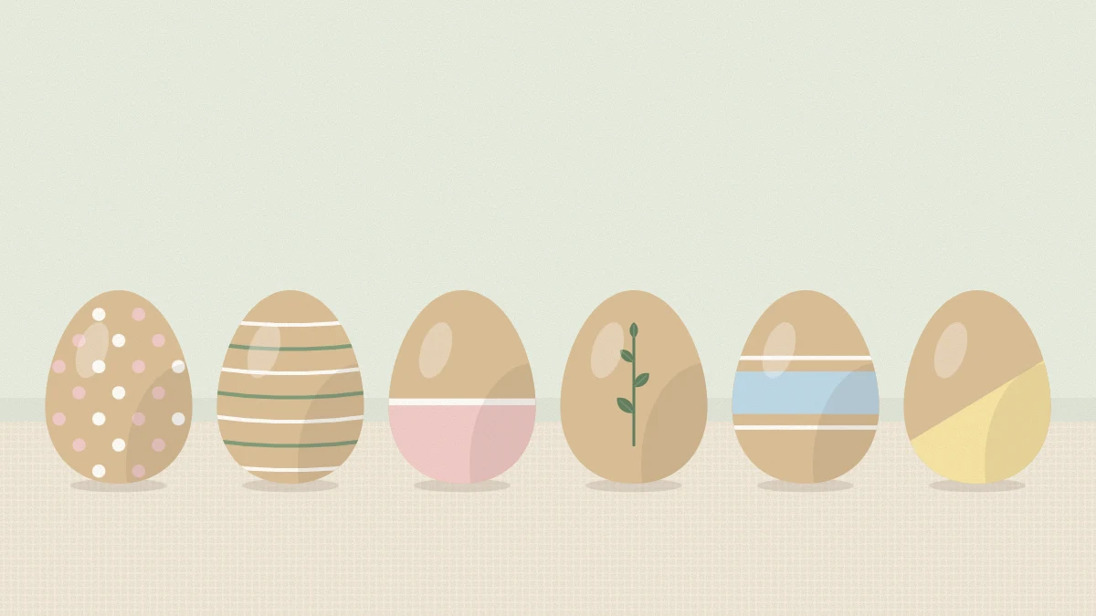 Six wooden eggs painted in muted pastels with dots, stripes, a half-dipped egg and a leaf sprig