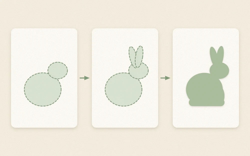 A bunny silhouette built in three stages: two overlapping ovals, ears added, then the smooth final outline