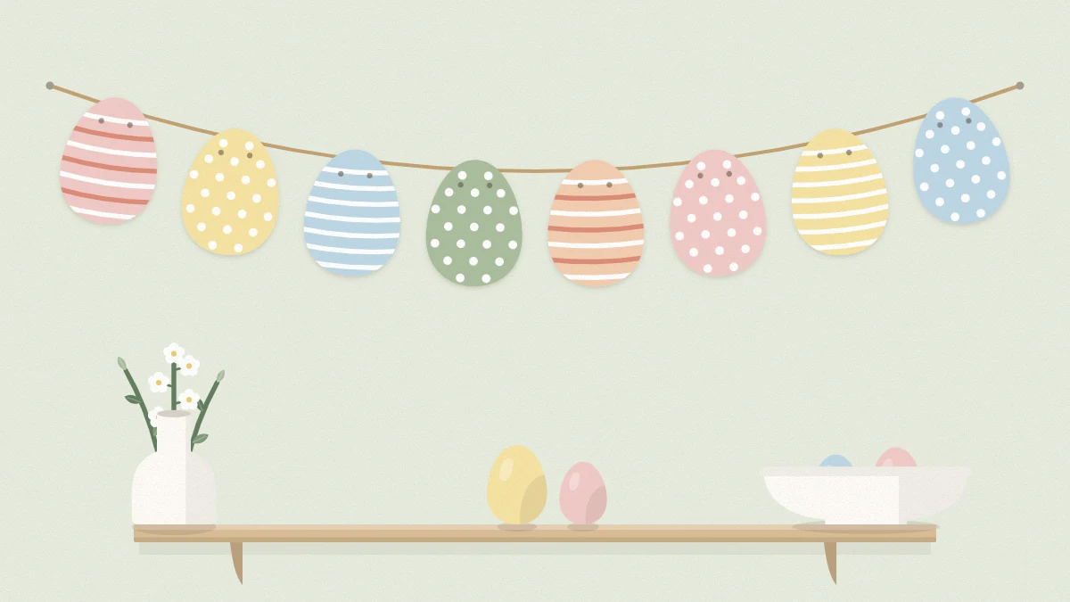 A garland of pastel paper eggs with stripes and dots strung on twine across a pale wall above a shelf