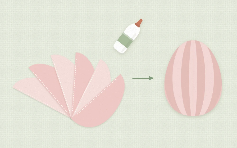 Six identical folded paper egg shapes fanned out and glued together along their folds