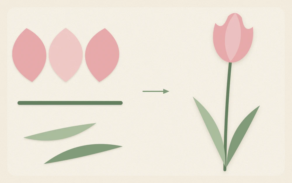 Parts of a paper tulip laid out: three petals, a stem, two leaves and the assembled flower