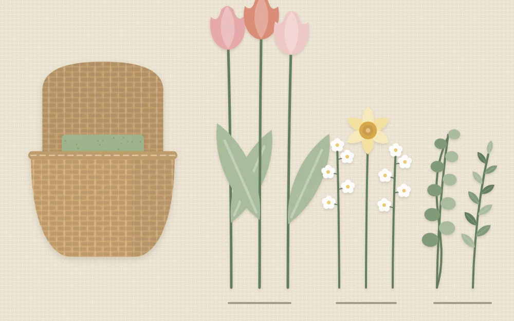 Empty flat-backed basket with a block of filler inside and stems sorted into tall, medium and trailing groups
