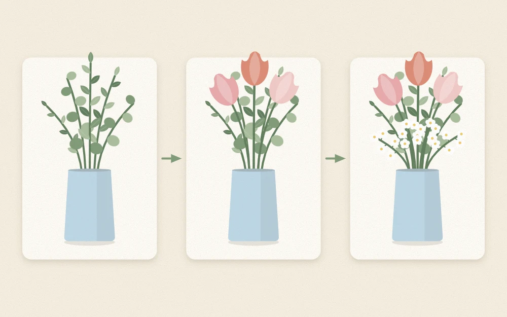 Three stages of one arrangement: greenery only, greenery with three tulips, and finished with filler flowers