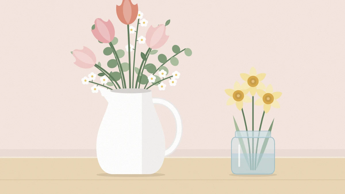 A white pitcher with a loose arrangement of tulips, white blossoms and greenery beside a short jar of daffodils